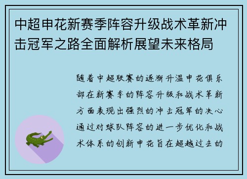 中超申花新赛季阵容升级战术革新冲击冠军之路全面解析展望未来格局