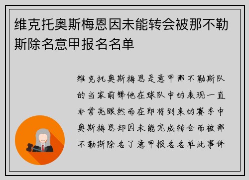 维克托奥斯梅恩因未能转会被那不勒斯除名意甲报名名单